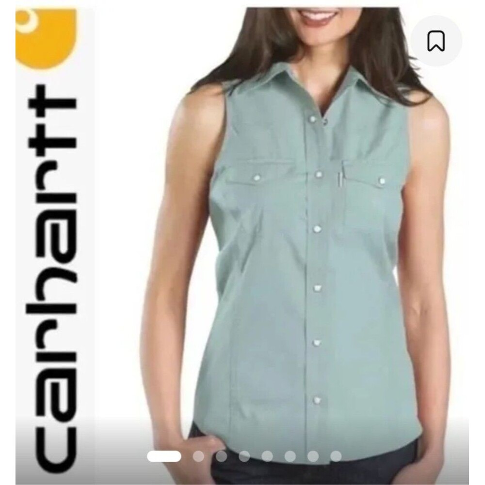 Carhartt Women’s Sleeveless Light Blue Collared Button-Up Shirt Solid S